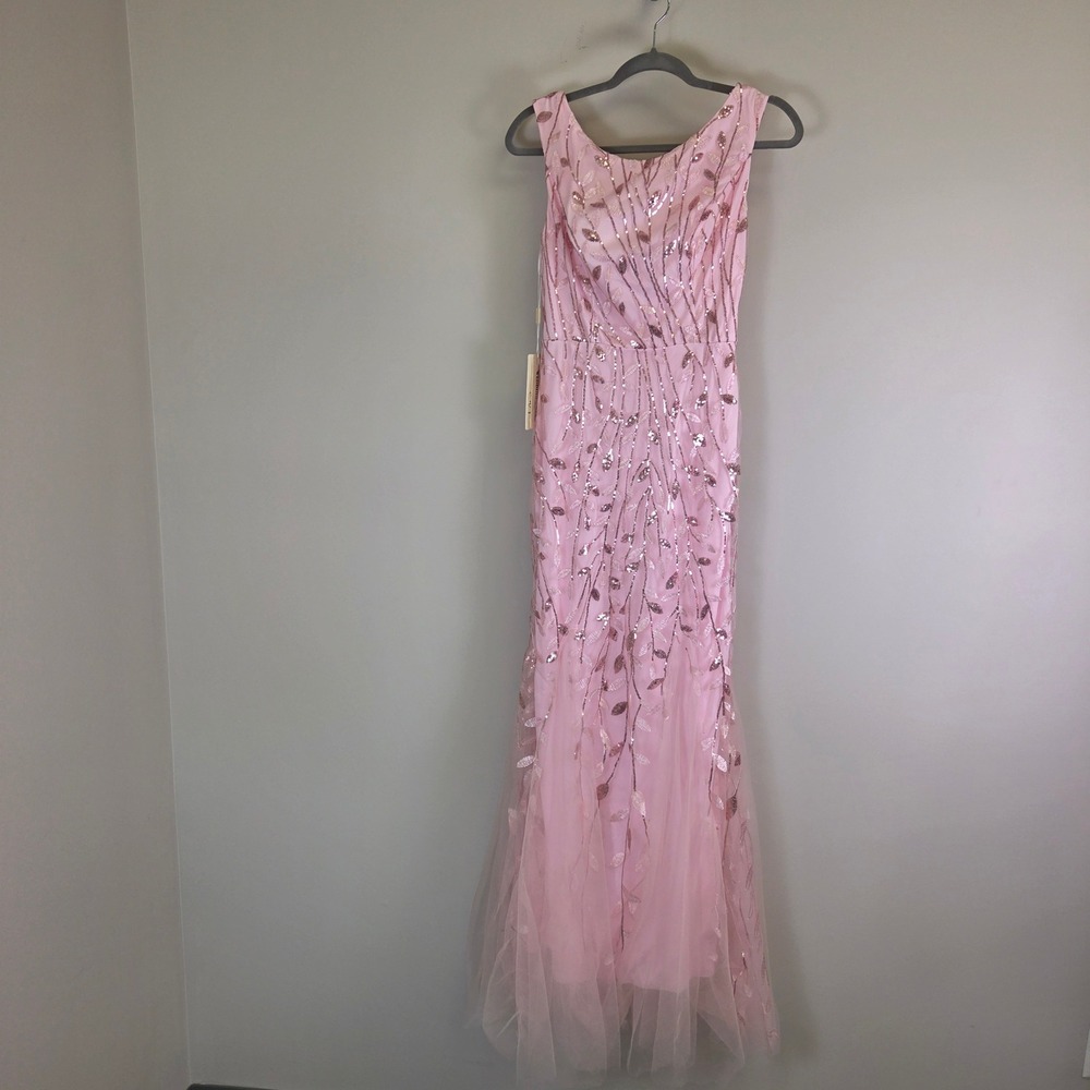 Pink Sequin Leaf Embroidered Mermaid Gown Tulle Hem Formal Dress Sleeveless